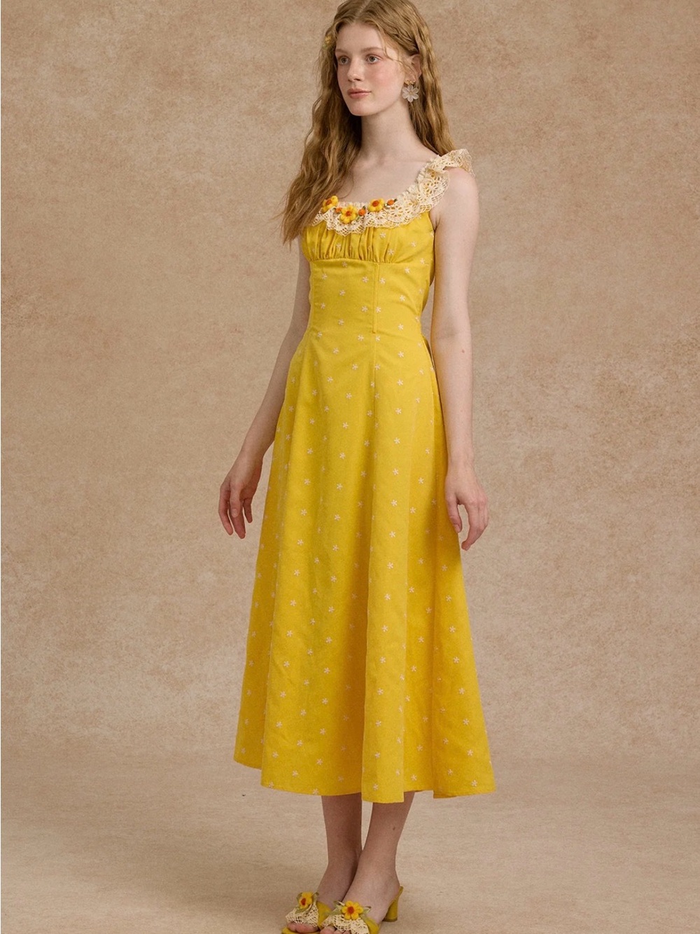 Lace Made Yellow Floral Eyelet Midi Dress with Lace Trim